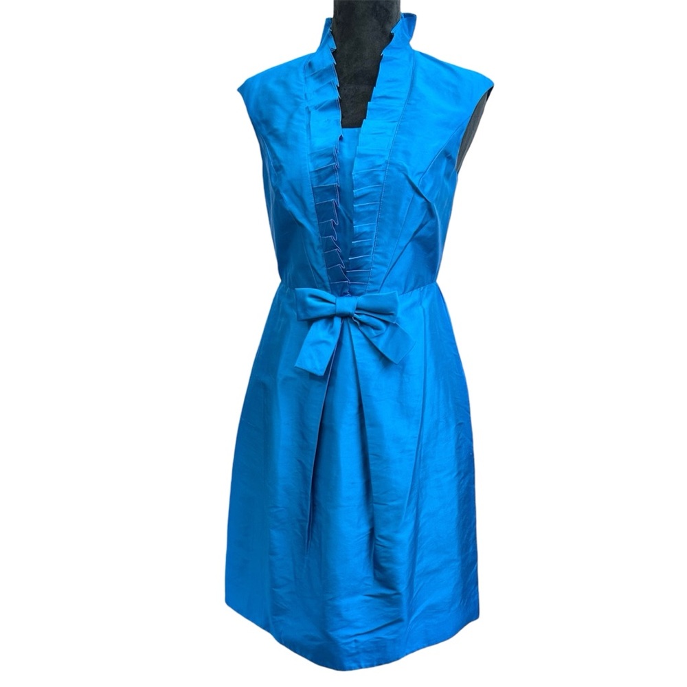 Kay Unger 100% Silk Ruffle Neck Sleeveless Midi Dress Aqua Blue 4
